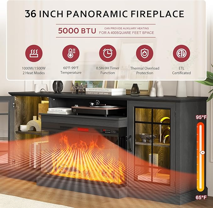 80 Fireplace TV Stand with 3-Sided Glass TV Cabinet for TVs up to 90 Modern Media Entertainment Center with Farmhouse Glass Door Storage Cabinets for Living Room Black