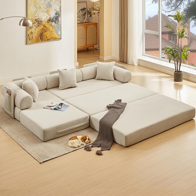 L Shaped Convertible Modular Sofa Bed with Cylindrical Pillow &amp Reversible Chaise Corduroy Folding Floor Sofa Couch Bed with Fixed-Shape Frame &amp Storage Pocket for Living Room Beige