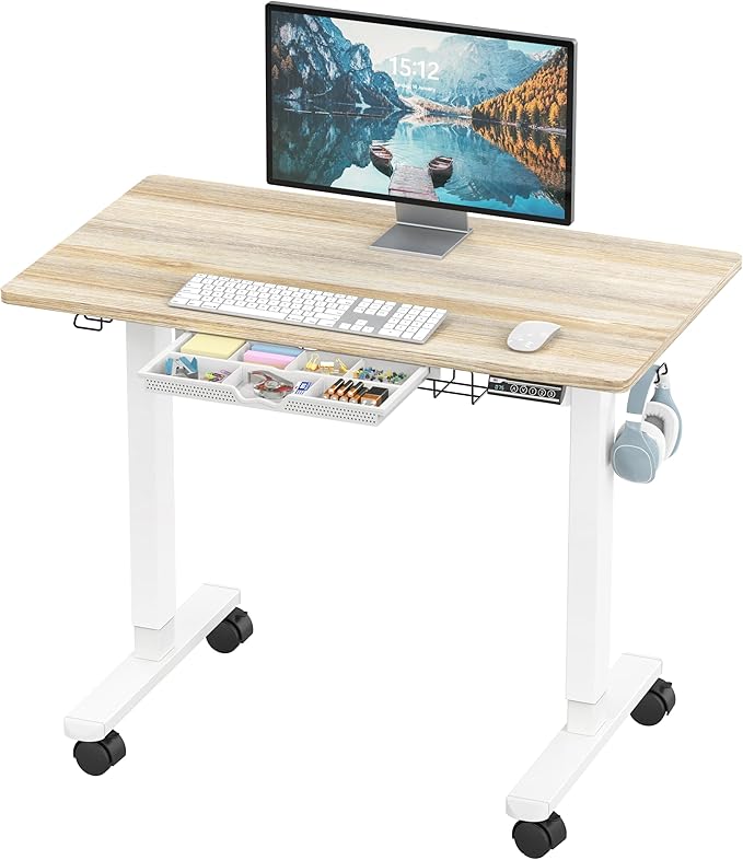 SHW 40-Inch Mobile Electric Height Adjustable Sit to Stand Desk with Drawer Hanging Hooks and Cable Management Maple