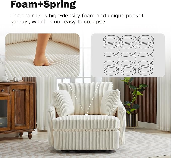 Chifee &amp Vingol 40.6 Oversized Swivel Accent ChairCorduroyIvory