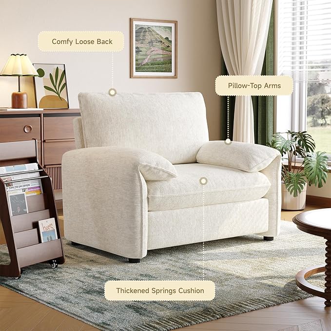 ONBRILL Oversized Accent Chair 41 Inch Chenille Fabric Armchair Comfy Single Sofa Chair with Padded Arms Pocket Spring Cushion Modern Reading Chair for Living Room Bedroom Beige