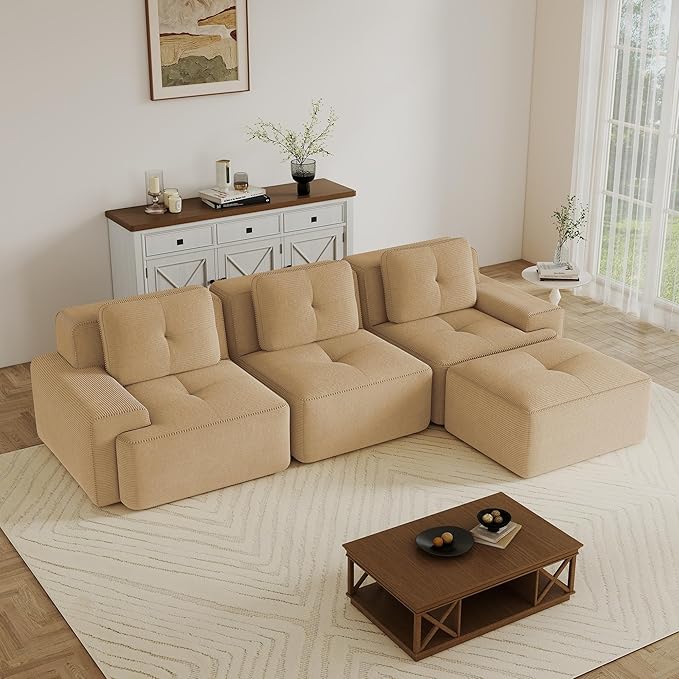 117.3 Modern L Shape Boneless Couch with Ottoman 3 Seater Corduroy Modular Sectional Sofa Comfy Cloud Sleeper Sofa with Deep Seat Upholstered Couches for Living Room Apartment Camel