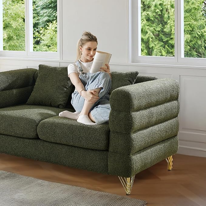 Loveseat Sofa Modern Couch 60 W Teddy Bouclé Comfy Cloud Sofa with Gold Legs &amp Pillows Upholstered Tufted Deep Seat Cozy Sherpa Couch for Living Room Bedroom Office Apartment(2 Seater Green