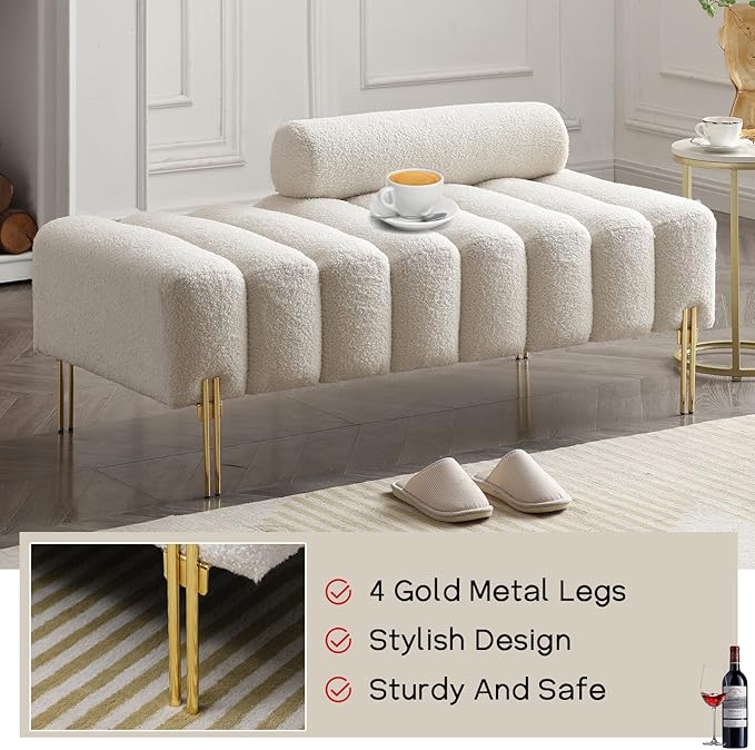 NIOIIKIT 53.2 Modern Loveseat Sofa Couch Upholstered Accent Sofa with Golden Legs and Adjustable Backrest Small Teddy Fleece Couches for Bedroom Living Room Compact Small Space (Beige Teddy)