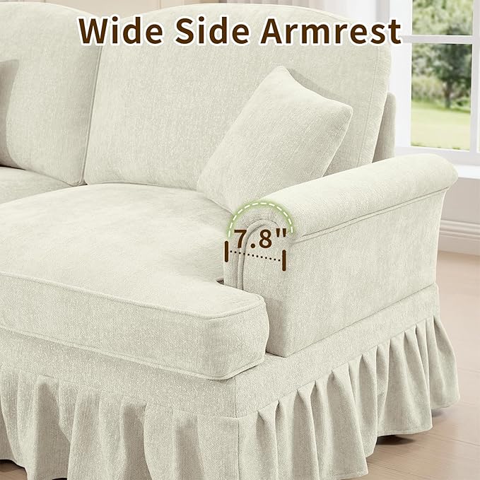 Rovibek 107” U Shaped Couch Chenille Midcentury Modern Sofa with Detachable Ruffle Hem Sectional Couches for Living Room with Throw Pillows &amp 2 Ottoman White