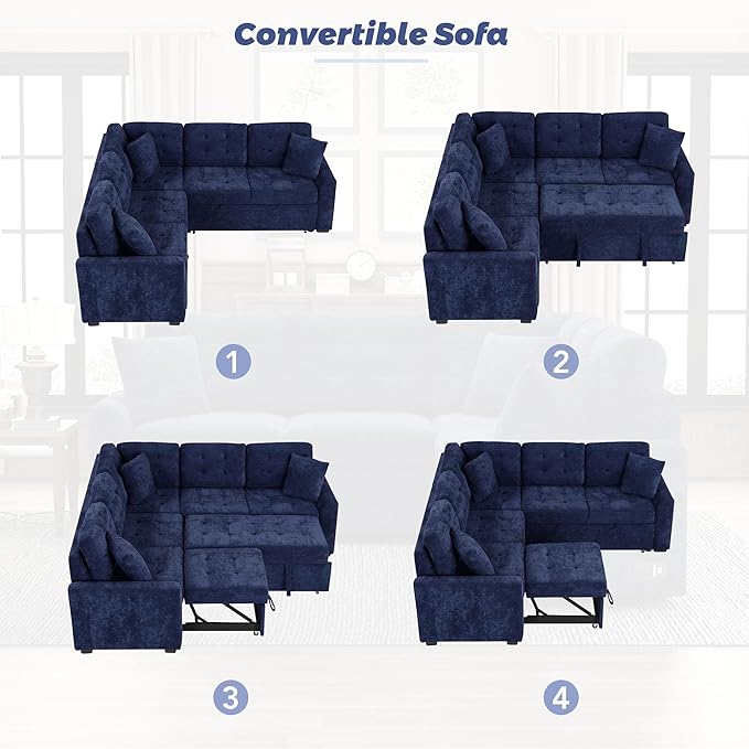 Velvet Fabric L-Shape Reversible Sleeper Sectional Sofa Couch 2 in 1 Pull Out Convertible Sofa Bed with Wheels and USB Ports for Living Room Apartment Office (Navy Blue-SFB)