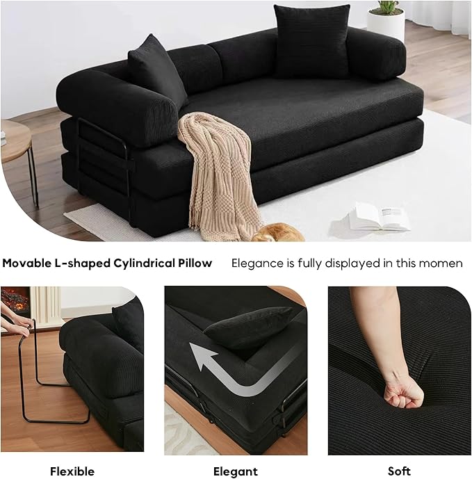 79 Inch Convertible Sleeper Sofa Bed 5 in-1 Boneless Floor Couch Bed with Fixed-Shape Frame Modular Floor Sofa Futon Couch for Living Room RV Studio Bedroom Small Spaces Black