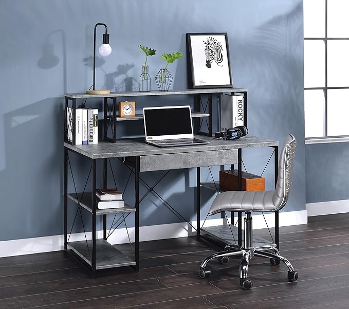 Penau Gray Finish Writing Desk Spacious Storage with Metal Frame Modern Design for Home Office Creative Studio Compartment Style