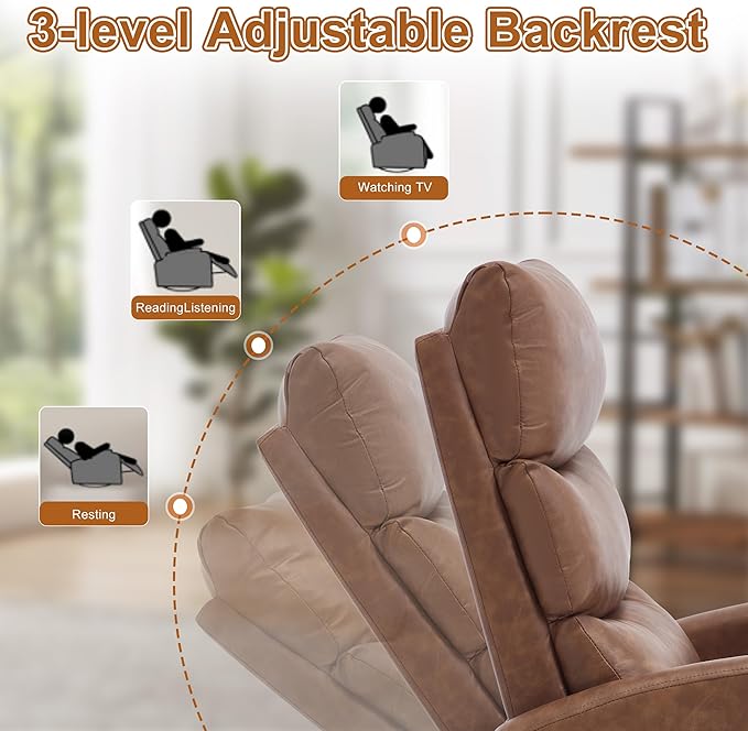 Manual Swivel Rocker Recliner Chair for Adults Overstuffed Reclining Glider Chair for Nursing with Vibration Massage &amp Heat Living Room Rocking Recliner 3-Stage backrest Faux Leather Yellow Bro