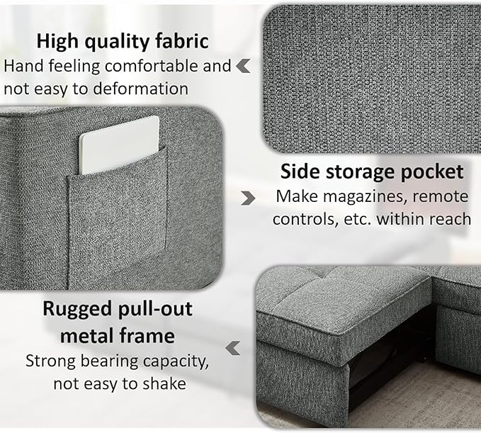 King Size Pull Out Sofa Bed 4-in-1 Convertible Sofa Bed Couch Chenille 3 Seaters Sofa Sleeper with Dual Pull Out Bed &amp Adjustable Backrest for Living Room Gray