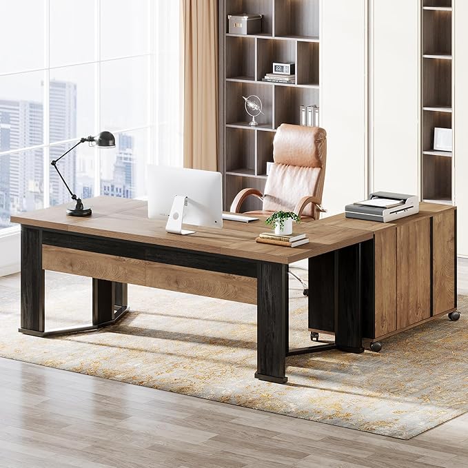 Tribesigns 70.86 Executive Desk with Mobile File Cabinet Large L Shaped Computer Office Desk with 2 Drawers and Storage Shelves Business Furniture Desk Workstation for Home Office (Light Brown)