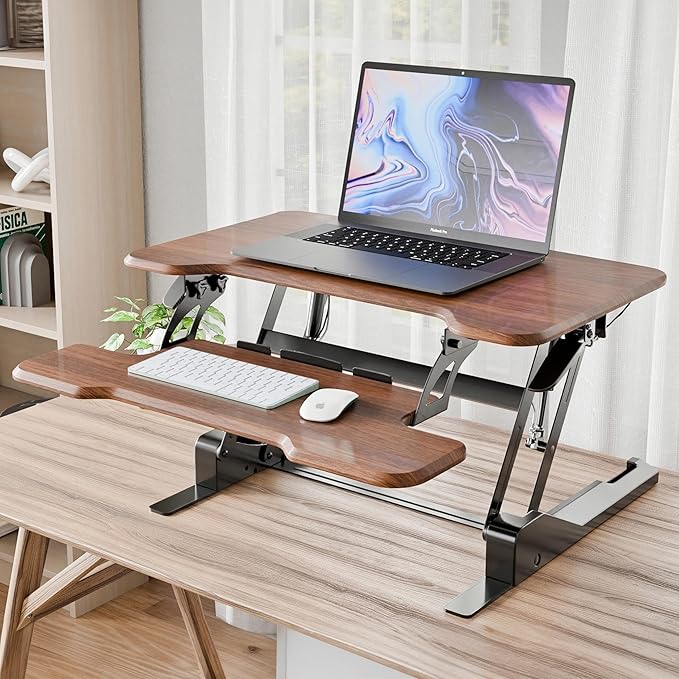 Mount-It! Height Adjustable Standing Desk Converter Compact 30” Wide Tabletop Standing Desk Riser with Gas Spring Desktop Stand Up Workstation with Keyboard Tray Fits Monitor or Laptop Dark Walnut