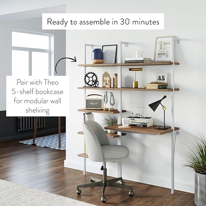 Nathan James Theo 2-Shelf Industrial Wall Mount Ladder Small Computer or Writing Desk Rustic Oak/White