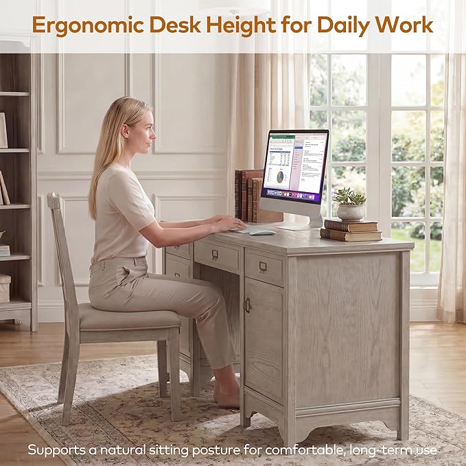 Chogori 55 Solid Wood Executive Desk Farmhouse Office Computer Desk with 5 Drawers &amp Storage Cabinet Wooden Writing Table for Home Office Study Bedroom (Gray)