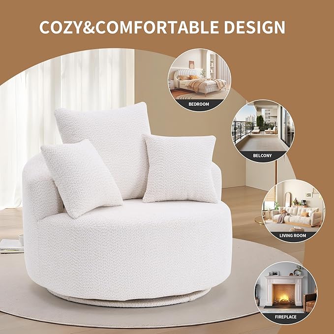 40” White Round Swivel Chair with 3 Pillows &amp Thick Cushion Oversized 360° Swivel Accent Chair Modern Boucle Armchair for Nursery Living Room Bedroom Club
