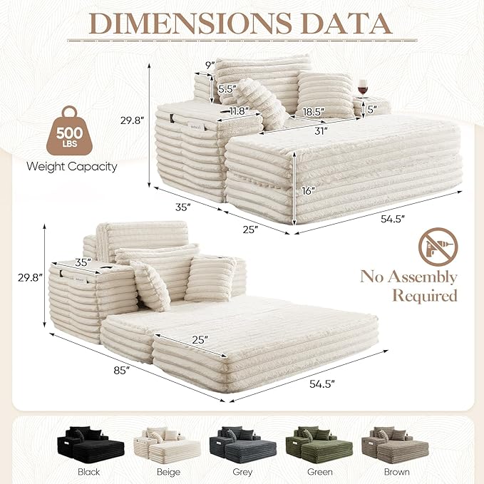 5-In-1 Oversized Chaise Lounge Chair Indoor with Ottoman54.5W Faux Fur Convertible Folding Sleeper Sofa Bed with Cup Holder&ampSide PocketComfy Boneless Couch Sofa Chair for Living RoomBedroom(Be