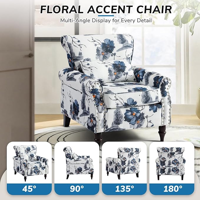 Floral Accent Chair with Lumbar Pillow Retro Wingback Armchair with Nailhead Trim &amp Rolled Arms Modern Linen Fabric Upholstered Recliner for Living Room Bedroom Reading Chair Easy Assembly