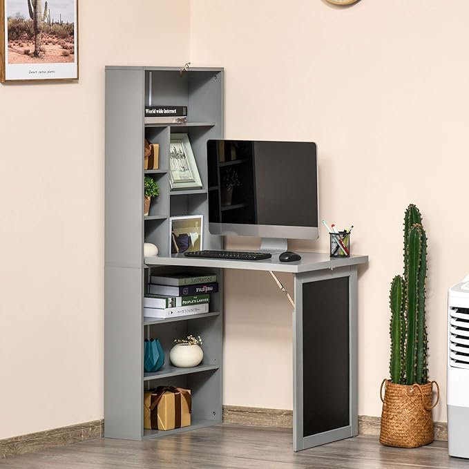 Fold-Out Convertible Writing Table Wall Mount Desk Cabinet with Blackboard and Side Shelf Multi-Function Home Office Workstation Grey