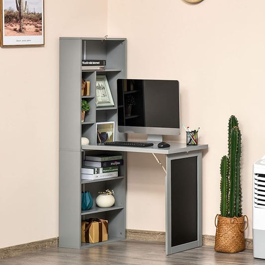 Foldable Wall Mounted Desk with Storage Shelves Fold Out Convertible Computer Table with Blackboard Folding Writing Table Workstation for Small SpacesHome Office (Grey)