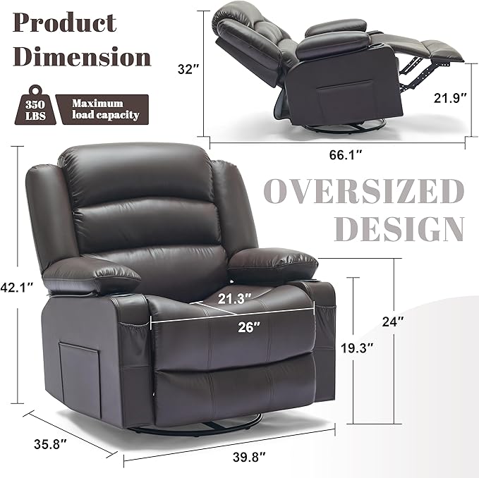 Oversized Recliner Chair with Heat and Massage 360° Swivel Nursery Rocking Chairs for Adults Recliner Single Sofa Seat with Cup Holders Lazy Boy Recliner Single Sofa (Oversized Manual Darkbrown)