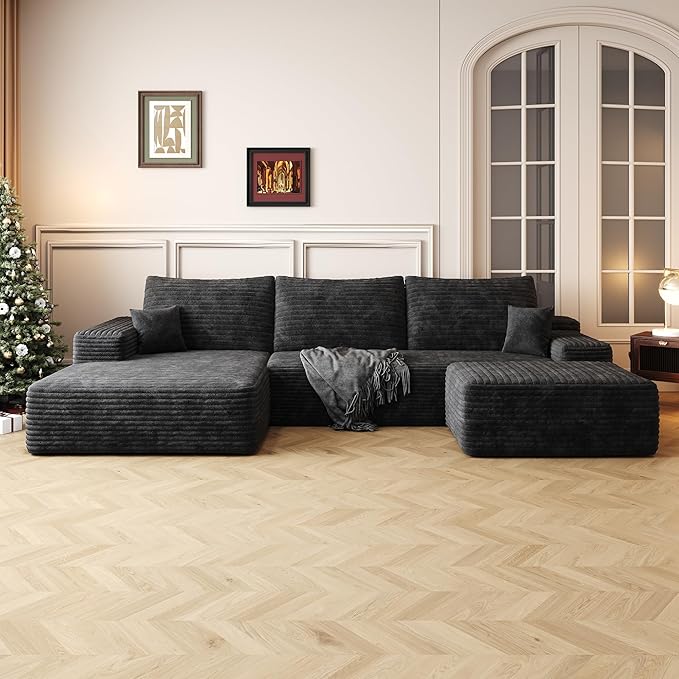Oversized Corduroy Sectional Boneless Couch 108 W U Shaped Modular Sectional Sofa with Chaise/Ottoman No Assembly Required Compress Couches for Living Room (Black 3 seater+Ottoman+Left Chaise)