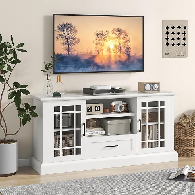 Tangkula Farmhouse TV Stand for TV up to 65 70 Inches Tall Media Console Table with 2 Glass Storage Cabinets 1 Drawer &amp 2 Open Shelves Wooden Entertainment Center for Living Room (White)