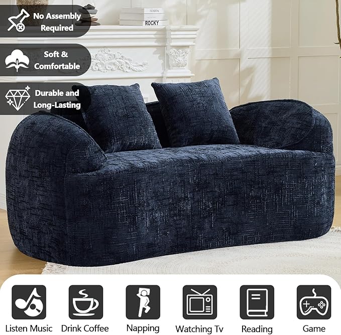 67 Curved Loveseat Sofa with 2 Pillows Modern Boneless Couch in a Box Small Cloud Loveseat for Bedroom Small Space Apartment Living Room Memory Foam Chenille No Assembly (Blue)