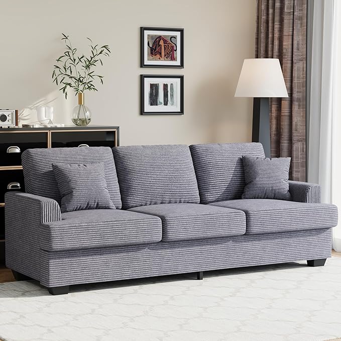 IDEALHOUSE Modern 86 Corduroy Sofa with 2 Throw Pillows Deep Seat Couch with Upholstered Cushion &amp Removable CoverComfy Corduroy Sofa Couch for Small Space Apartment Lounge Grey