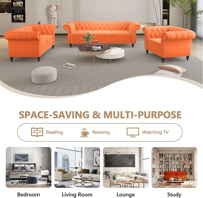 AVZEAR Living Room Accent Chair Upholstered Sofa Chair Single Sofa Chair with Tufted Back Velvet Chesterfield Sofa Chair for Living Room Apartment Orange
