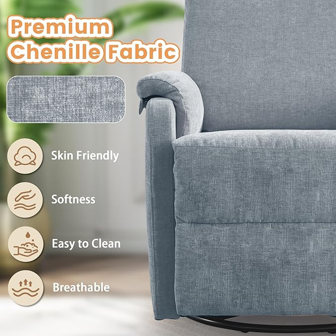 Recliner Chair Swivel Rocking Recliner Chair for Adults Glider Rocking Chair Small Nursery Chair Recliner for Living Room Reclining Chair with Modern-Designed Armrests Chenille Blue