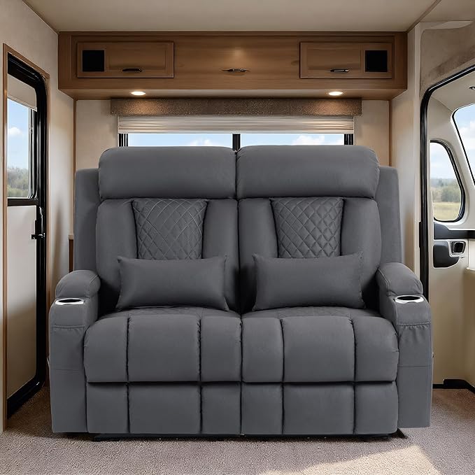 Wall Hugger Power Reclining Loveseat with Manual Adjustable Headrests Electric Recliner Sofa with USB/Type-C Ports Cup Holders – Perfect for RV and Small Spaces (Grey)