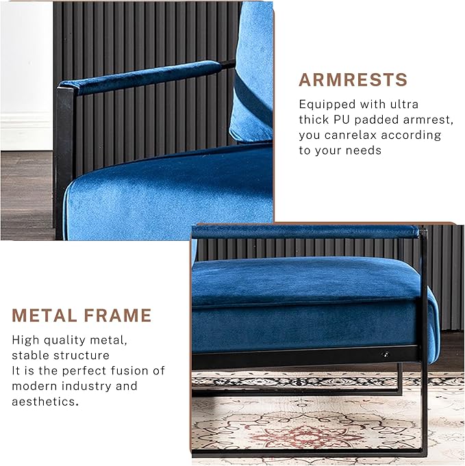 Modern Accent Chair for Living Room Bedroom Mid Century Arm Chair Velvet Office Accent Chair Reading Chair with Metal Frame for Balcony Lounge Blue Velvet