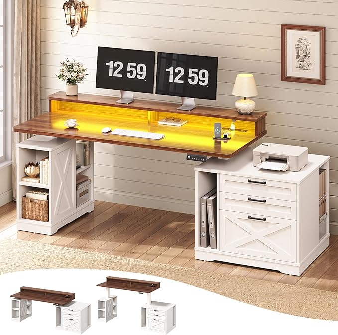 SEDETA Farmhouse Electric Standing Desk 55 Height Adjustable Computer Desk with 3 Drawers File Cabinet Storage Shelves Power Outlets Wood Home Office Desk for Work Study Writing White