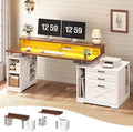 SEDETA Farmhouse Electric Standing Desk 55 Height Adjustable Computer Desk with 3 Drawers File Cabinet Storage Shelves Power Outlets Wood Home Office Desk for Work Study Writing White