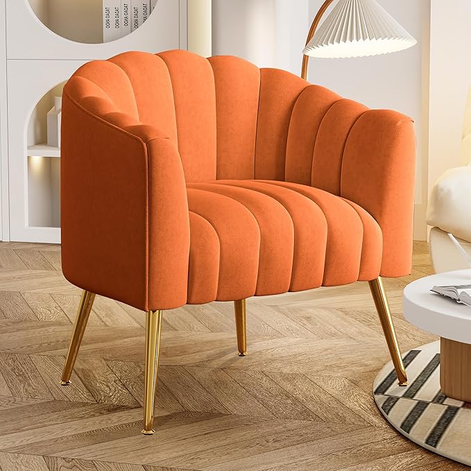 Oversized Pumpkin Couch Accent Chair Modern Comfy Velvet Upholstered Barrel Chairs Luxury Single Sofa Armchair for Living Room Waiting Room Office and Vanity (Orange)