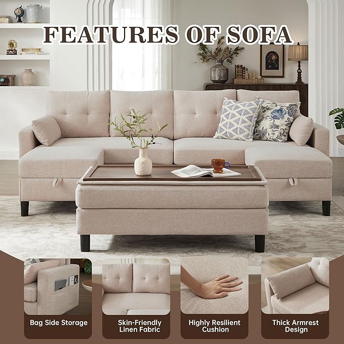 101 Convertible Sectional Sofa Modern Linen Fabric U-Shaped Couch with Reversible Chaises and Ottoman Coffee Table 4 Seat Sofa Couches for Living Room Apartment Office Beige