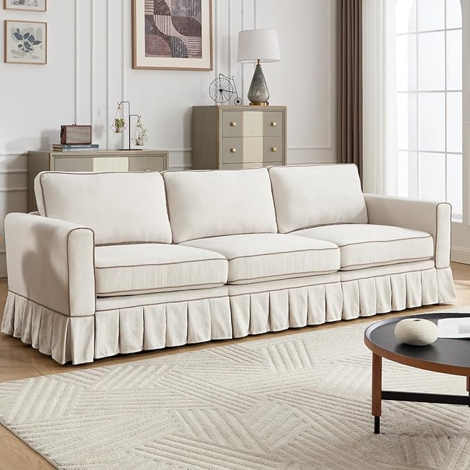 3 Seats Modular Sectional Sofa Couch 98 Modern White Linen Fabric Cloud Couches with Skirts &amp Washable Covers Oversized Upholstered Accent Sofa Couch with Deep Seat &amp Pillow for Living Room