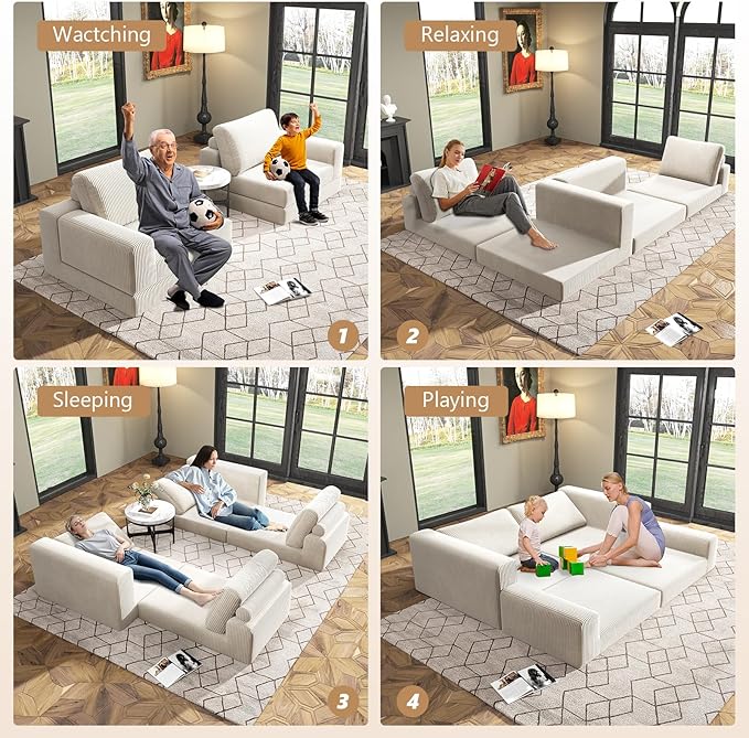 78loveseat Sofa Convertible Sofa Bed Modular Sectional Sofa Modern Deep Seat Folding Sofa for Living Room Bedroom No Assembly Required Corduroy Fabric Flexible Configurations(White 2-SEATER)