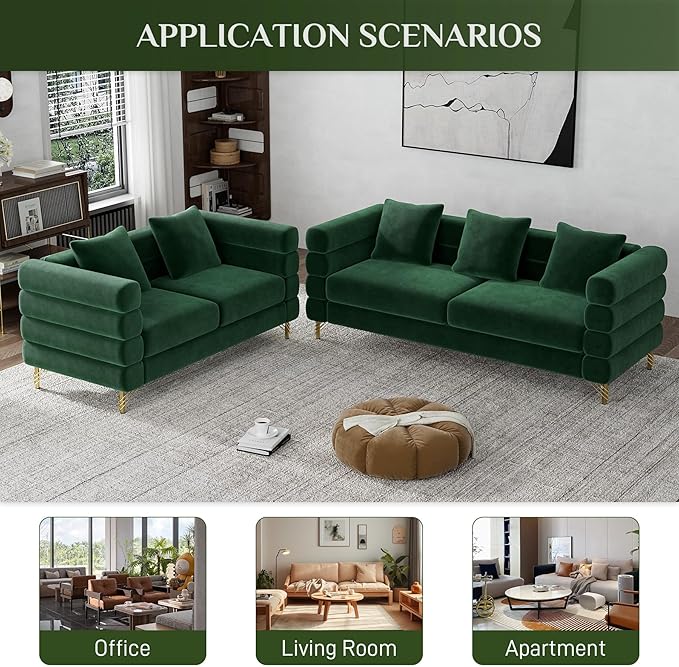 Living Room Sofa and Loveseat Set Modern Comfy Overstuffed Velvet Deep Seat Cloud Couch with 5 Pillows Oversized Chesterfield Furniture Sets for Living Room Bedroom Emerald Green Velvet