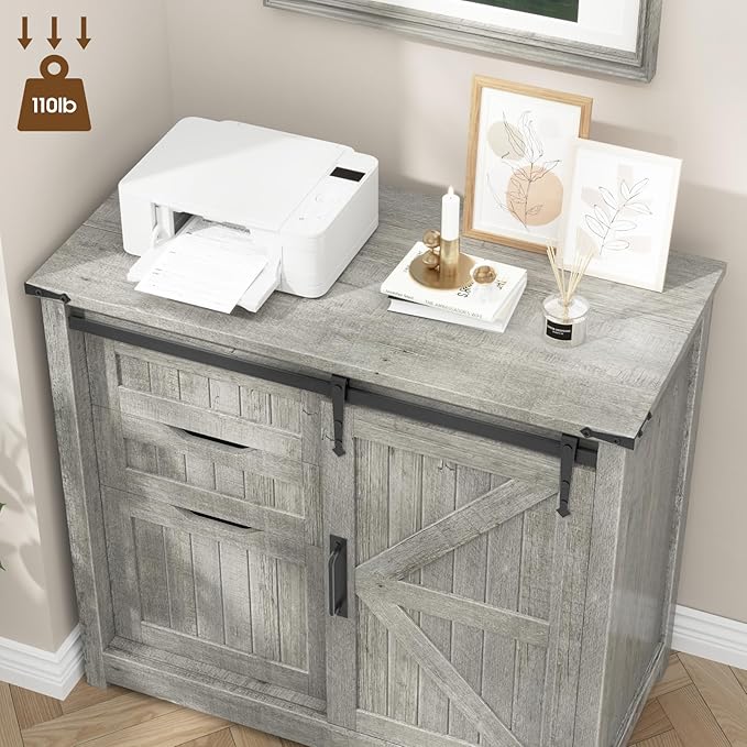 Vabches Lateral File Cabinets with Adjustable Shelf Farmhouse Filing Cabinet for Home Office Filing Organization Storage Cabinets with Sliding Barn Door for Hanging Files Letter/A4.