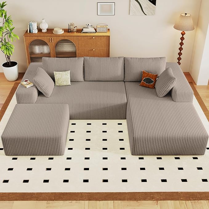 96 W Cloud Sectional Couch with OttomanModern U-Shaped Cloud Couch with Deep SeatComfy Corduroy 3-Seater SofaMemory Foam Sofa for Living RoomNo Assembly (CamelRight-Facing Chaise)