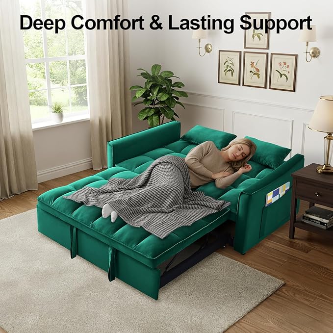 Dreamzie 3 in 1 Convertible Sleeper Sofa Bed 55'' Loveseat Sleeper Sofa Pull Out Couch Bed with Side Pocket &amp Adjustable Backrest for Living Room Velvet Fabric Green