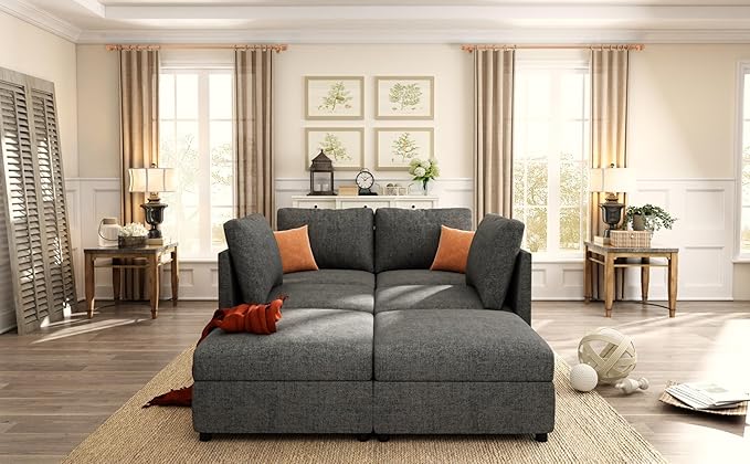 123 Large Modular Sectional SofaModern U-Shaped Sectional couch with Storage6-Seater Deep Seat Chenille Fabric Sofa for Living Room L-Shape Convertible with Movable Ottoman &amp Cup Holders (Grey