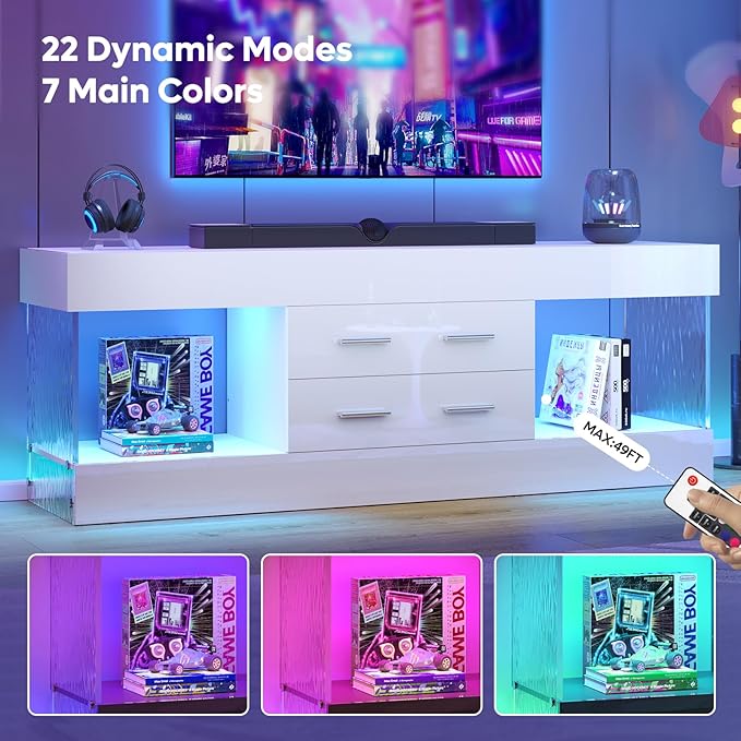 Bestier Modern 60 Inch TV Stand for 65/60/55+ TV High Gloss White Entertainment Center with 2 Drawers &amp LED Lights Stone-Pattern Side Panels TV Consoles for Living Room Bedroom