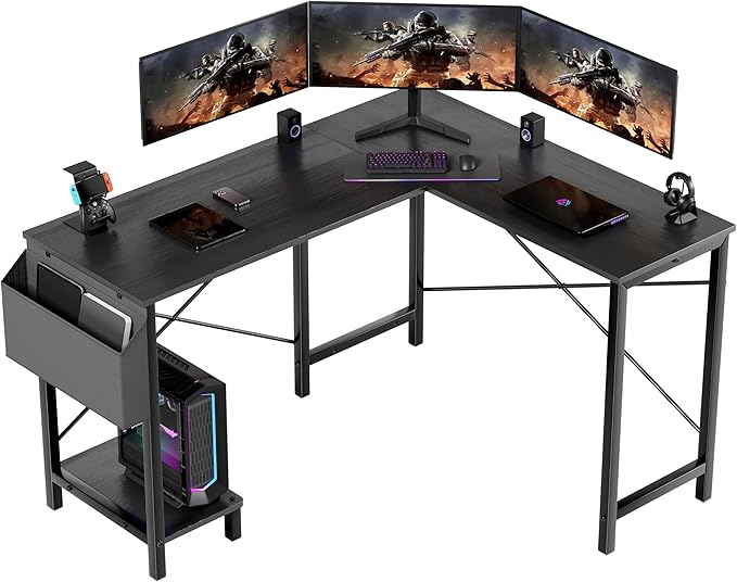 YSSOA 50 L Shaped Gaming Desk with Reversible Corner - Home Office Computer Desk with Wood Top Metal Frame CPU Stand &amp Storage Bag for Small Space Gaming Room Black