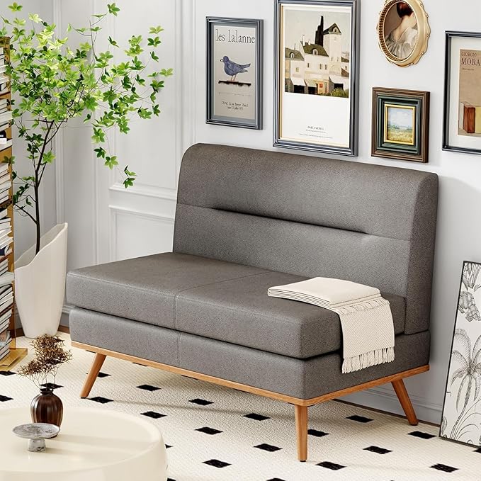 Aklaus Upholstered Small loveseatFaux Leather Modern Mini Sofa Couch Love Seat Armless Settee Bench with Back for Living Room Bedroom Office Small Space Entryway Grey