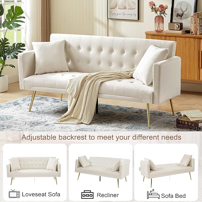 Anwick Modern Velvet Futon Sofa Bed: 72 Satin Convertible 2 Pillows Tufted Back Golden Metal Legs Folding Sleeper Loveseat for Small Space Home Office Living Room (Beige)