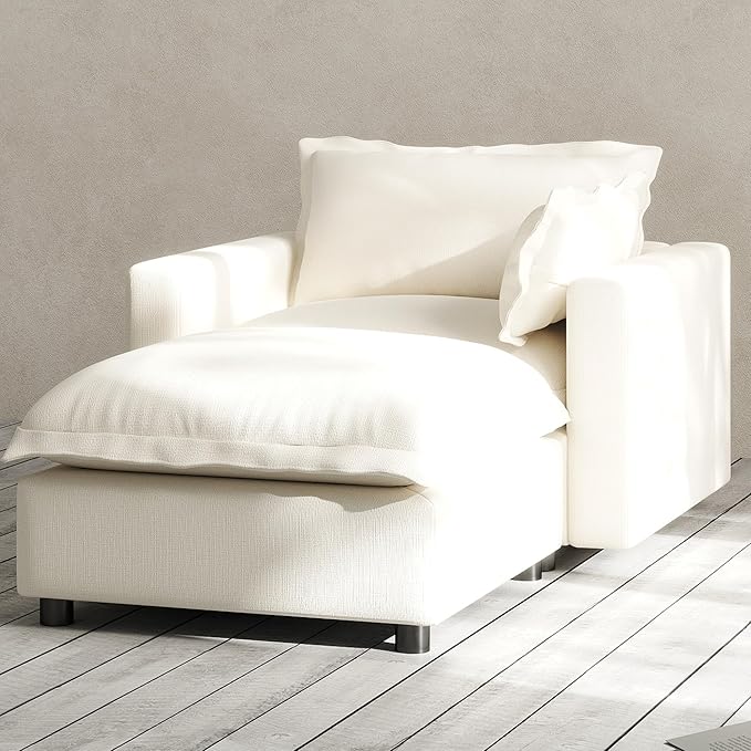 Modern Couch Modular Sectional Sofa Single Sofa Accent Chair with Ottoman for Living Room Bedroom Study Reading Corner Linen Fabric-White