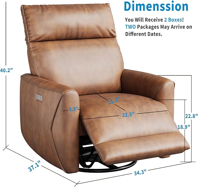 GAOMON Power Recliner Chair Swivel Glider Faux Leather Upholstered Nursery Rocker Reclining Sofa Chair with Charging Port Curved Armrests &amp Padded Backrest for Living Room and Bedroom (Light Brow