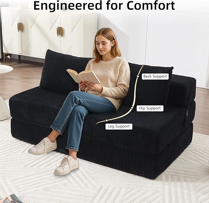 GNIXUU Fold Out Couch 3-in-1 Convertible Futon Sofa Bed with 2 Pillows Corduroy Foldable Floor Chair Boneless Loveseat Couches for Living Room Bedroom Small Spaces Black